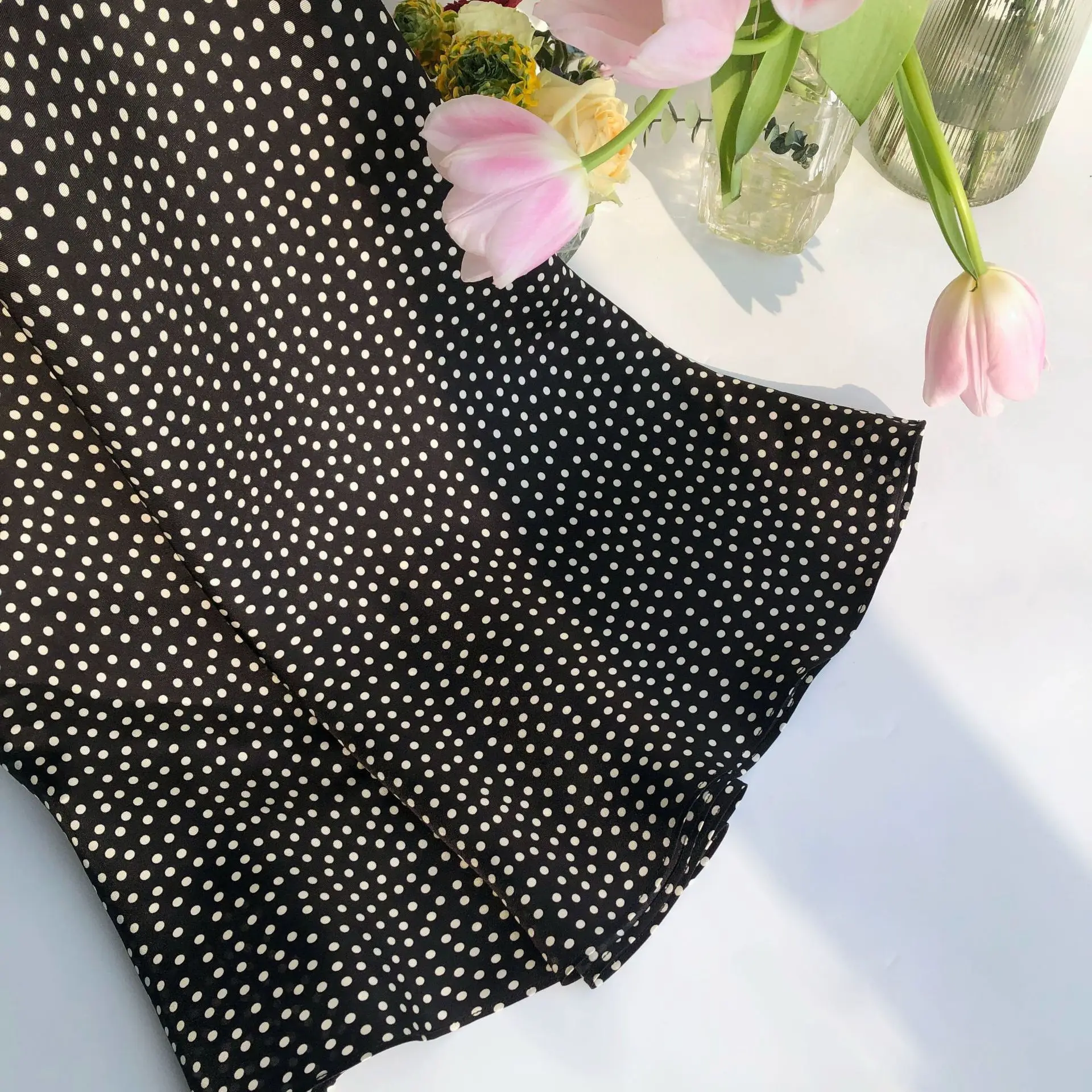 Women's American Retro Romantic Mini Polka Dot Midi Skirt - Bias-Cut Silk Blend Flowy Vintage-Inspired Casual Skirt for Summer