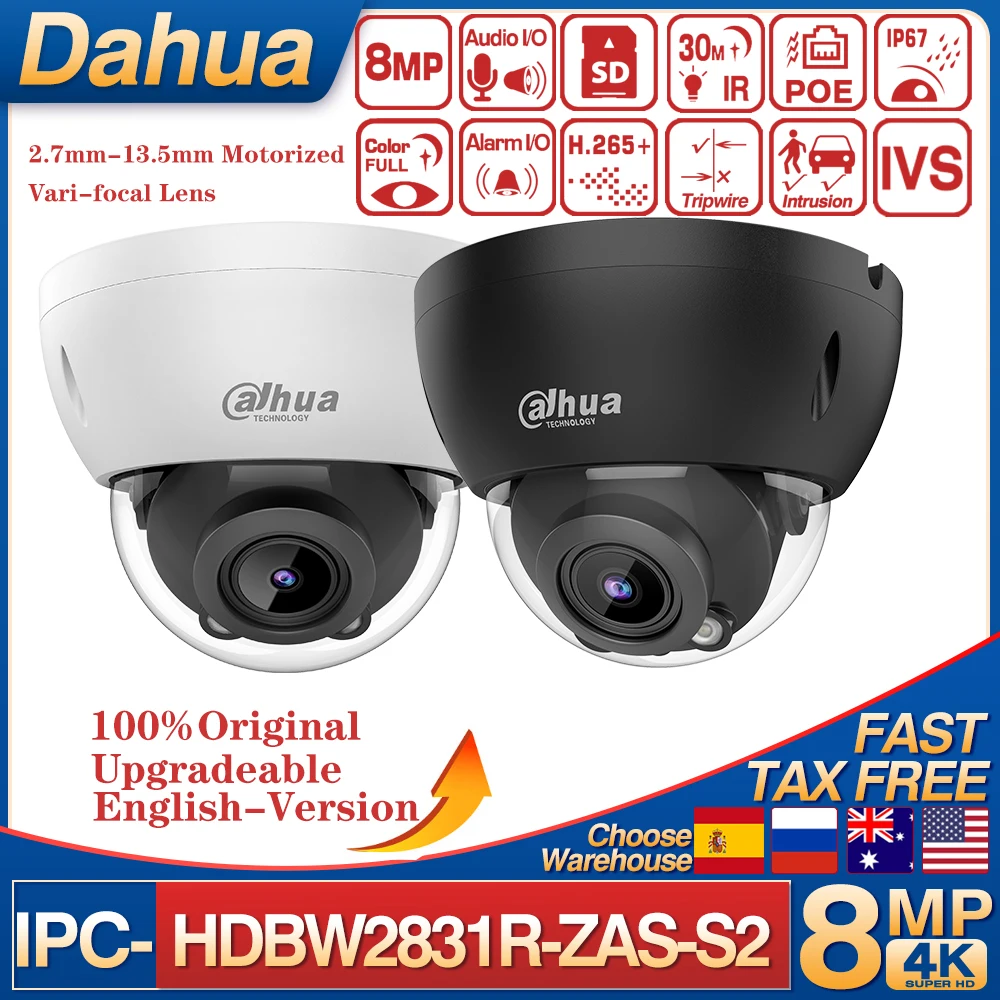 

Original Dahua 8MP POE IP Camera IPC-HDBW2831R-ZAS-S2 Starlight Motorized Vari-focal H.265 SD Card Slot IP67 IK10 Nework Camera