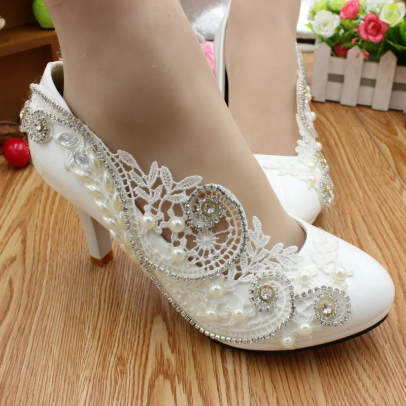 Shoes Women Pumps Fashion Wedding PU 3 5 8CM Thin Heels Fashion Lace Metal Decoration Bling Flower Rhinestone Woman Shoes White