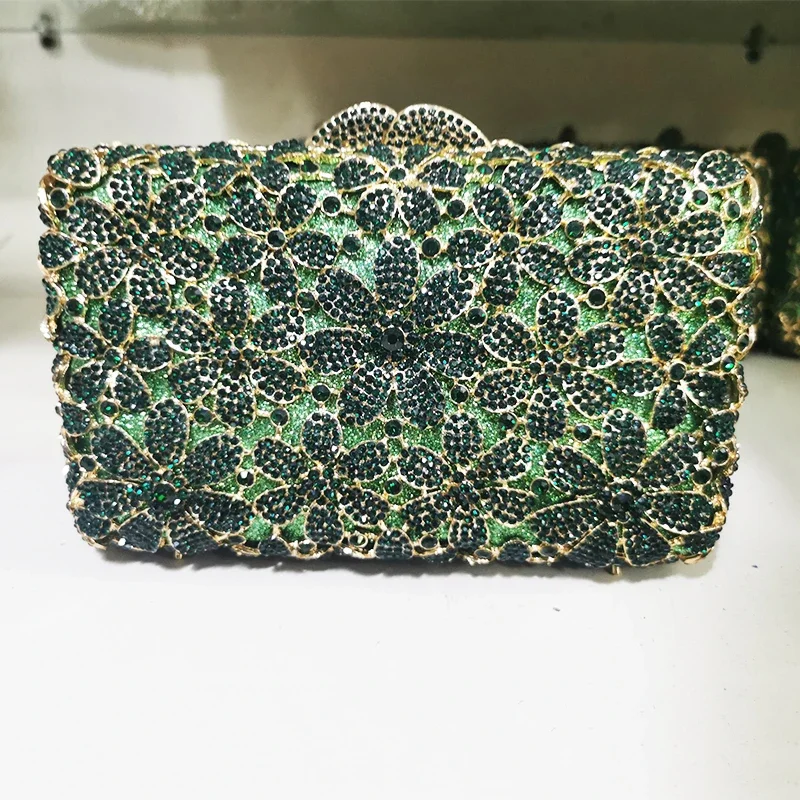 

Evening Green Rhinestone Purse Gold Metal Floral Crystal Evning Clutch Bag Fashion Women’s Shoulder Party Purse Mini Minaudiere
