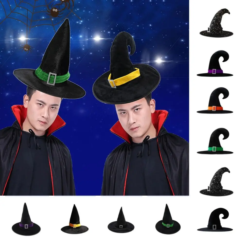 Punk Velvet Halloween Witch Wizard Hat Gilding Bending Angle Halloween Hat Costume Props Satin Ribbon Devil Cap Carnival Party
