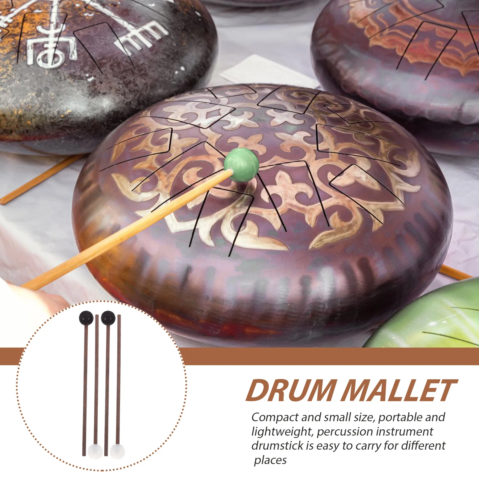 

4pcs Ethereal Drumsticks Mallets for Steel Tongue Drum Portable Wooden Rubber Head Small Percussion Sticks Durable Lightweight