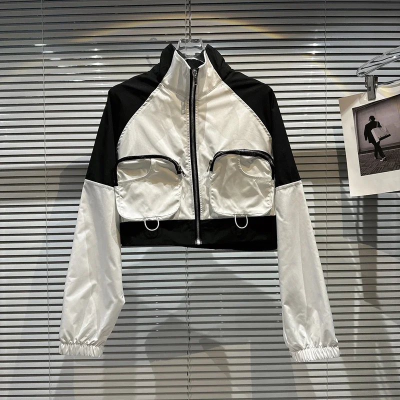 

Bomber Jacket Women Spring Summer Short Jackets Streetwear 3D Big Pockets Black White Contrast Coat Windbreaker Outwear
