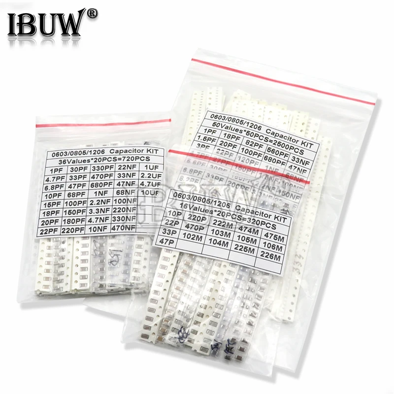 1pack 16/36/50Values 320PCS 720PCS 2500PCS 0603 0805 1206 SMD Capacitor Kit igmopnrq Assorted Kit ibuw 1PF ~ 1UF