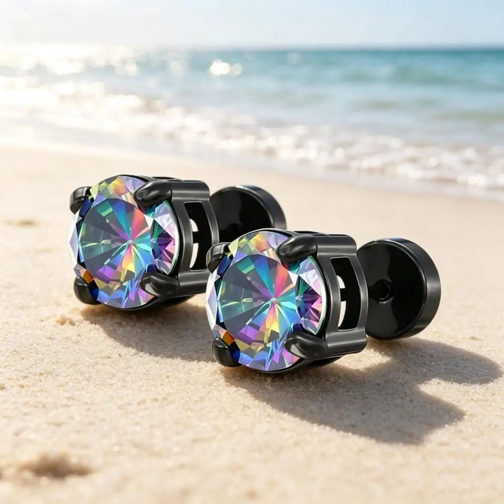 4/5/6/8MM Round Stainless Steel Stud Earrings For Women Men Rainbow Zircon Female Male Stacking Small Ear Bone Studs Jewelry