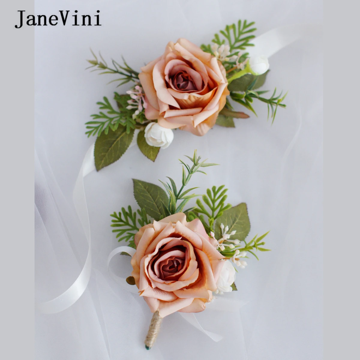 JaneVini-ramos De rosas De café Vintage para boda, flores artificiales De champán De seda, ramo falso para Novia al aire libre, Accesorios De Novia