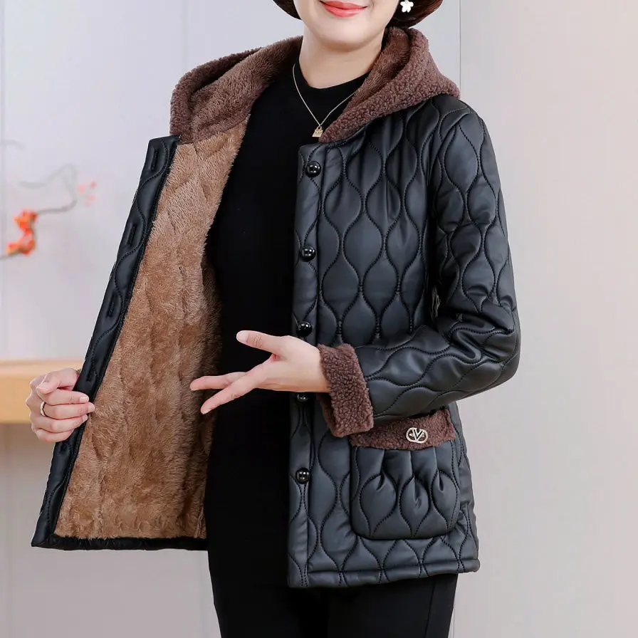 

New Mom Winter Thiened Fce Lined Leather Cotton Jaet Casual Loose plus Size Women's Coat No Wa Korean Sle Long Sve