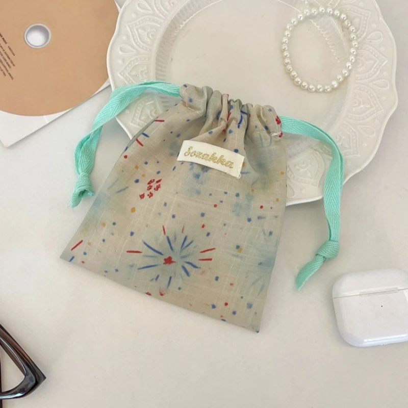 1PCS Vintage Printed Drawstring Cosmetic Bag Cute Portable Jewelry Cosmetic Storage Pouch Organizer Bag for Makeup & Accessories