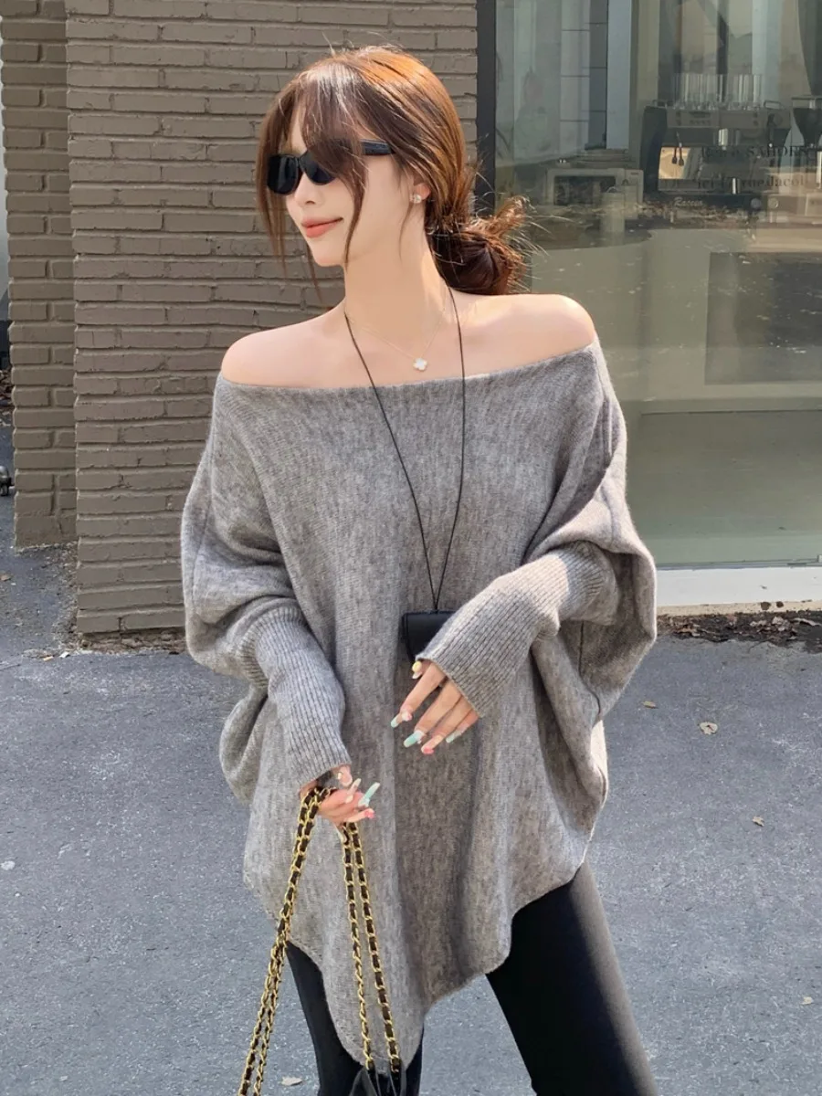 Sweter damski plus size z odkrytymi ramionami, dzianinowy, jednolity kolor, wyszczuplający, nowy model na jesień, wygodny, luźny krój, długi rękaw.