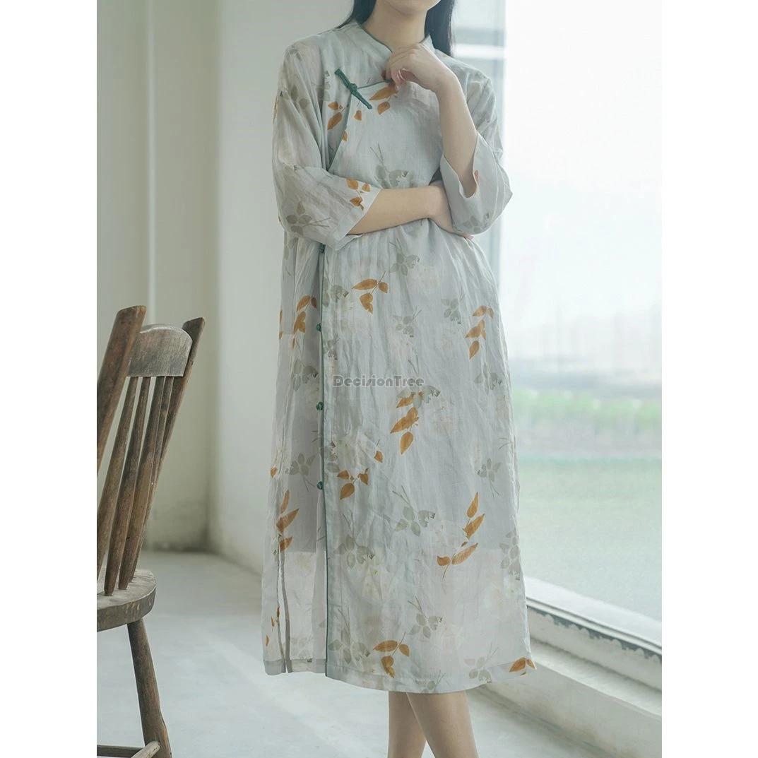 

Новинка 2023 года, длинное платье Cheongsam из хлопка и льна в китайском стиле, летнее свободное платье Ципао в стиле ретро с воротником-стойкой и половиной рукава