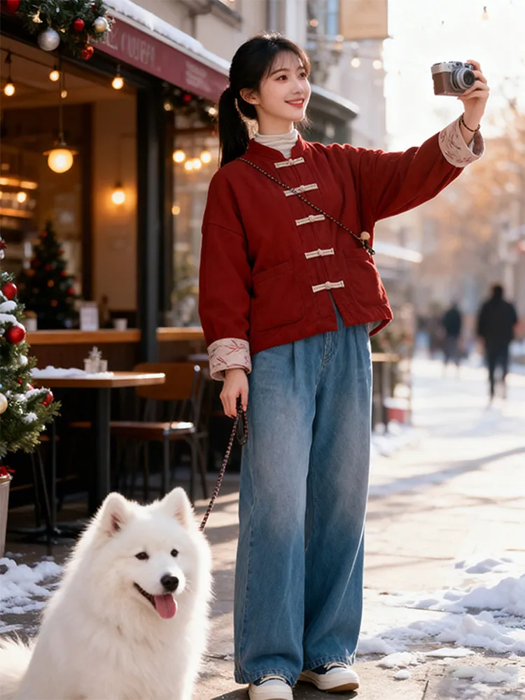 

New Chinese Sle Thiened Cotton Jaet Women's Winter Warmth Printing Design Coat with Button Traditional National Sle