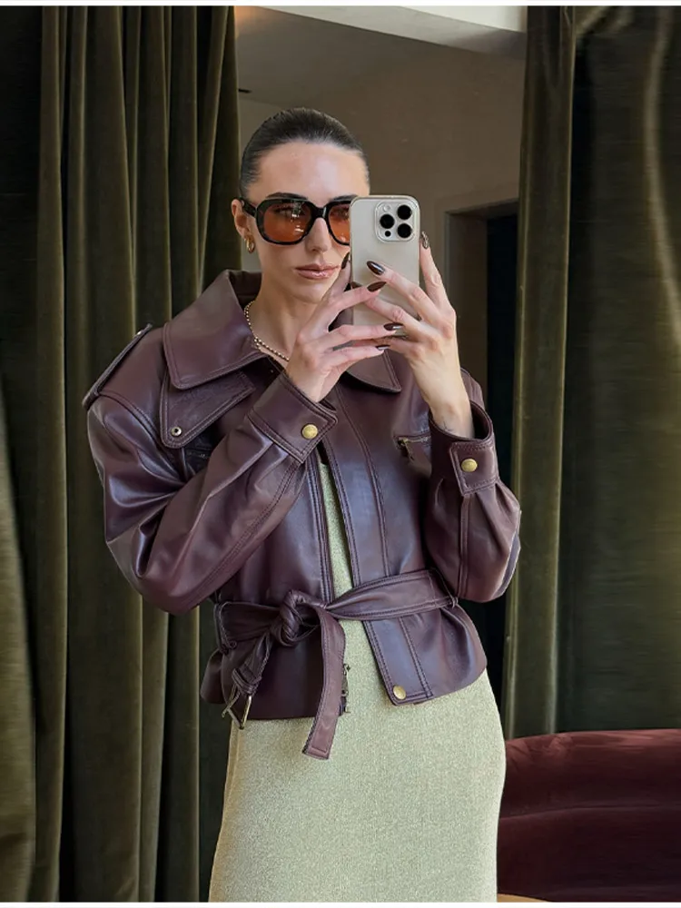 Women Burgundy Faux Leather Jacket Shoulder Pads High Collar Belted Waist Zip Pocket Retro Coat Streetwear Fall Winter Outerwear