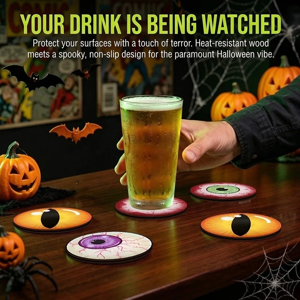 6pcs Funny Non-slip Halloween Coasters Heat-Insulating Soft Bloodshot Eyeball Coaster Wooden Cat Eyes Cup Mat Bar