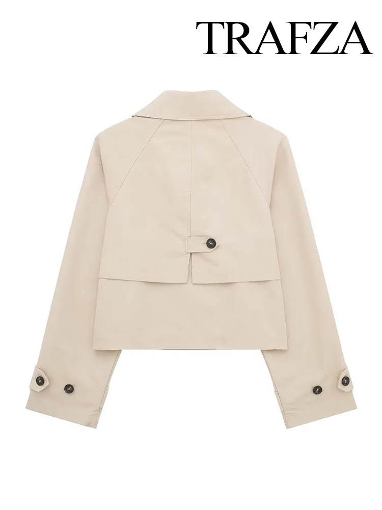 TRAFZA, gabardina corta elegante para mujer, chaqueta lisa de manga larga con doble botonadura, abrigo Vintage con diseño de bolsillo y solapa a la