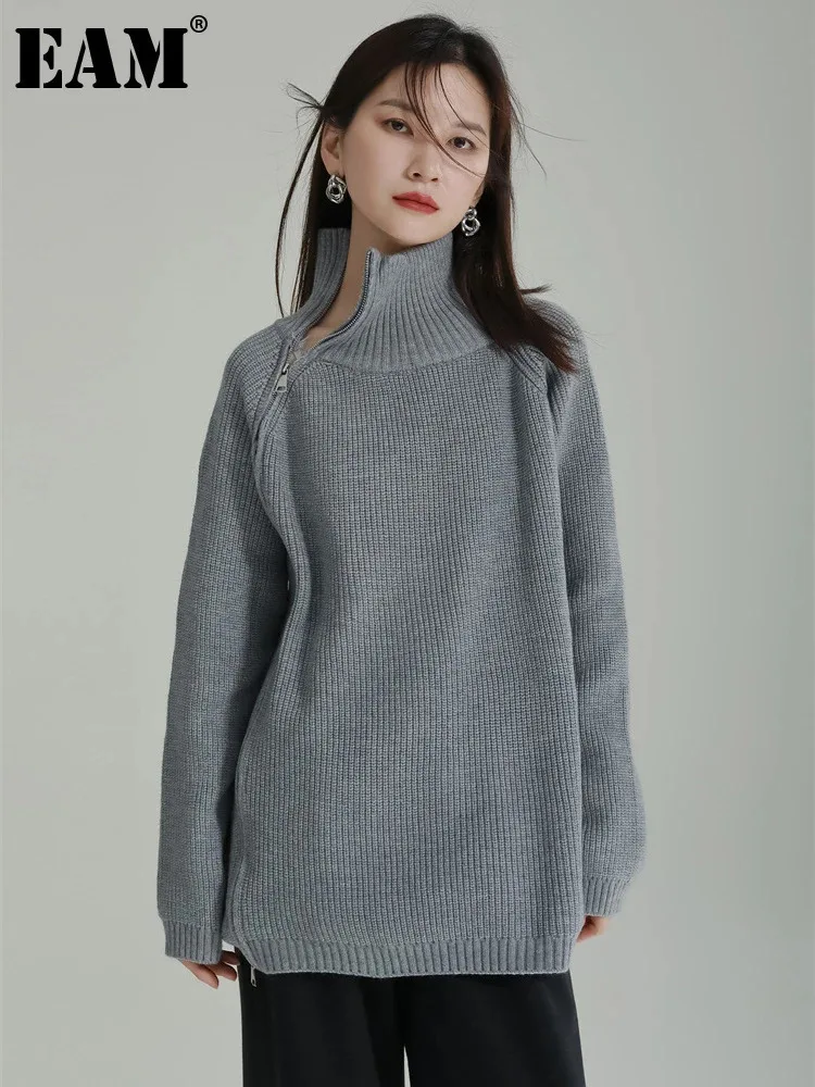 [EAM] Gray Zipper Big Size Knitting Sweater Turtleneck Long Sleeve Women Pullovers New Fashion Tide Spring Autumn 2024 1DH8179