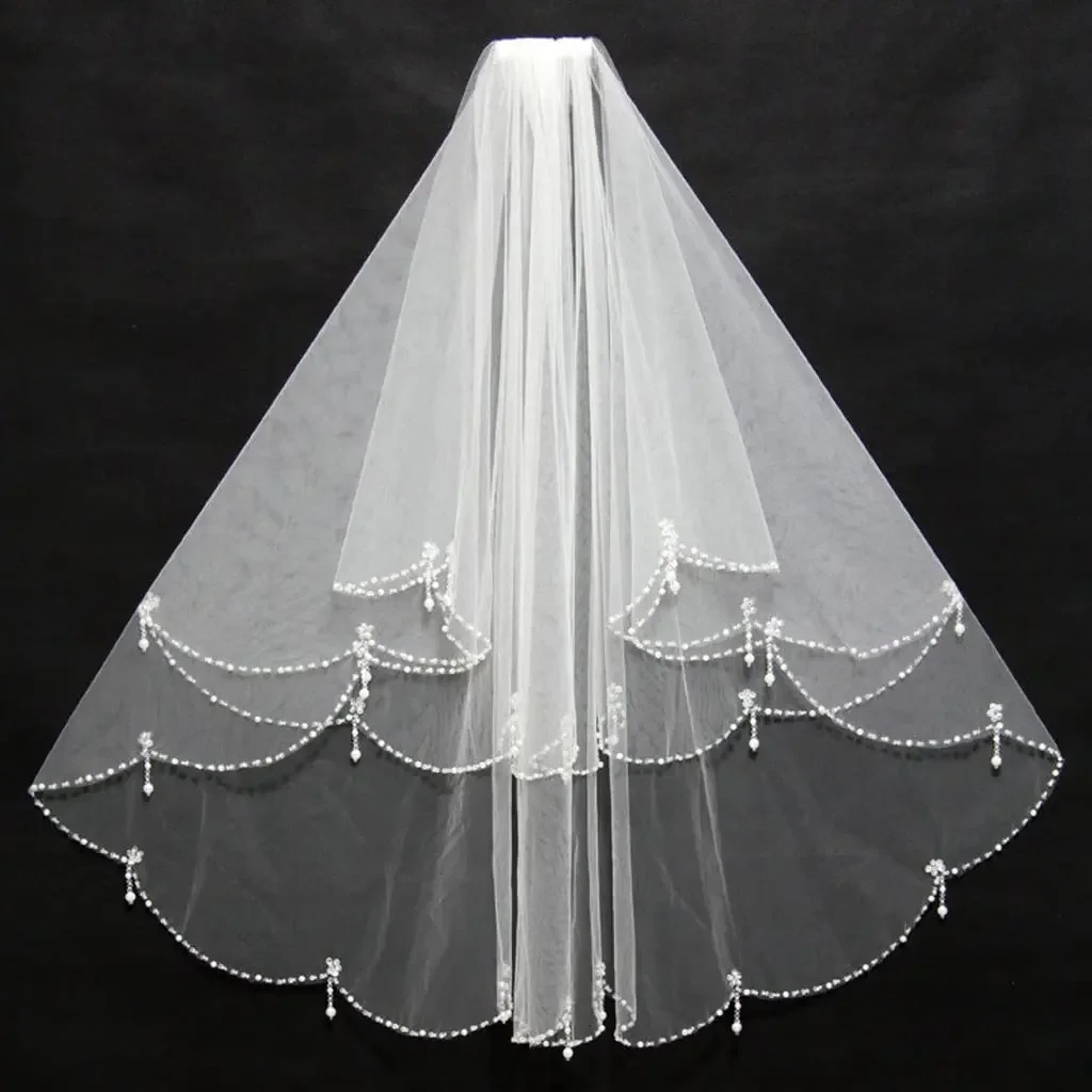 

Women Wedding Veil with Comb 2 Layers Tulle Pearls Beads Bridal Accessories