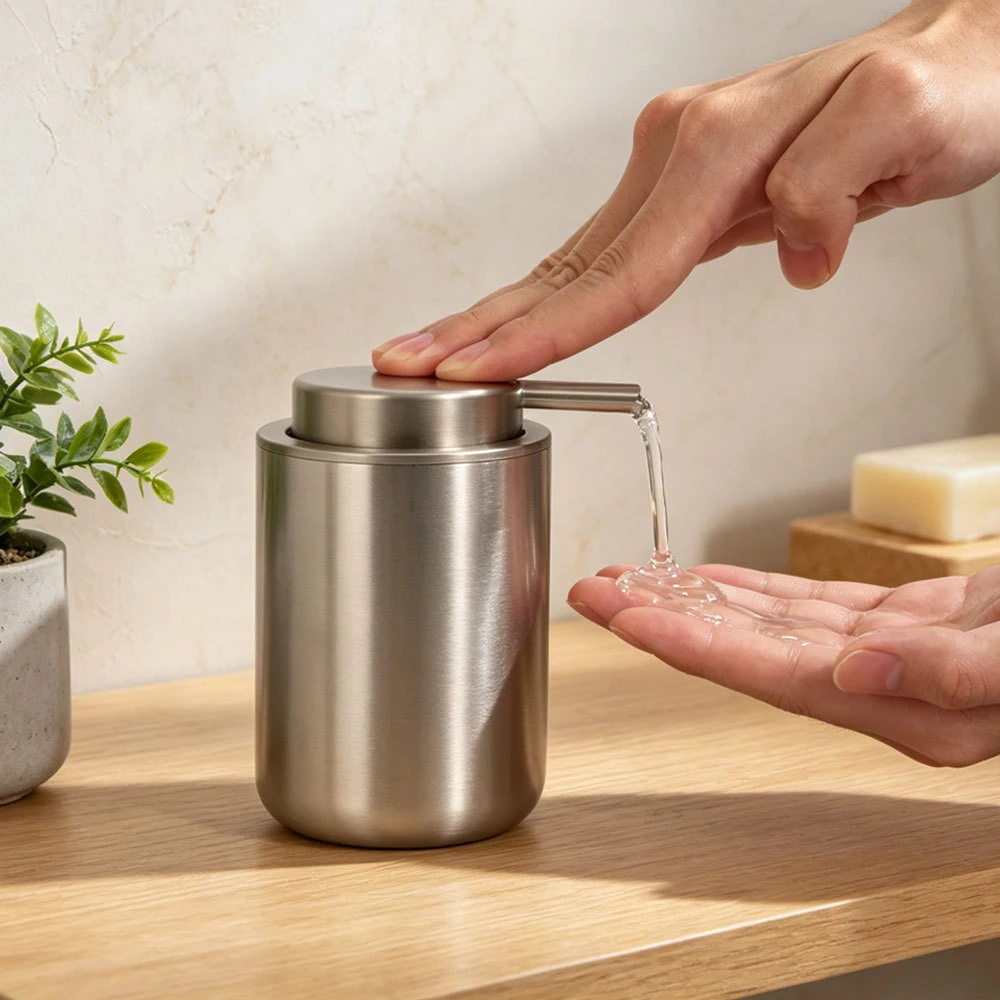 Stainless Steel Soap Dispenser Easy Press Refillable Lotion Pump Bottle for Bathroom Kitchen Hand Soap Shampoo Countertop