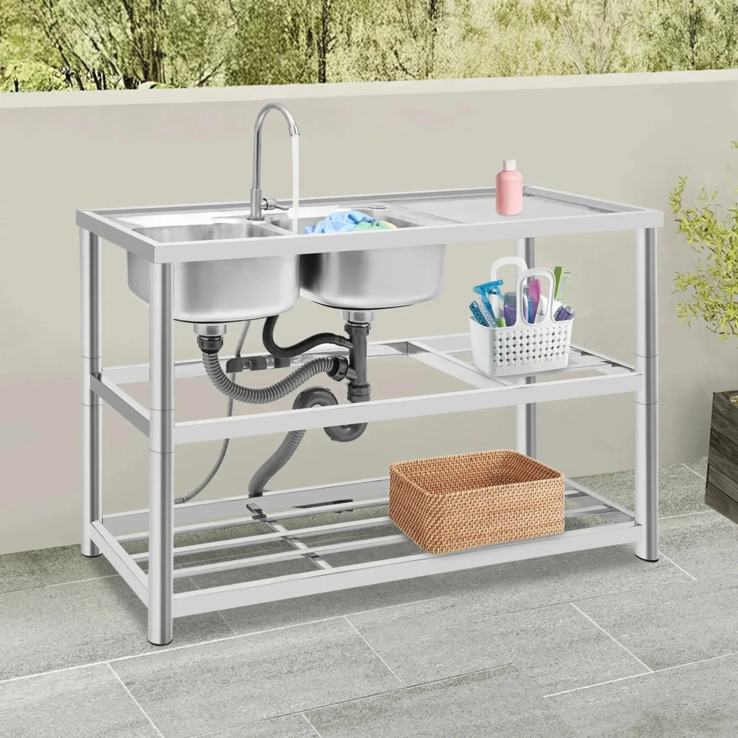 

[Коммерческий набор кухонной мойки] Набор раковины из нержавеющей стали с двойной чашей и сливной доской для крана для кухни ресторана в помещении и на открытом воздухе