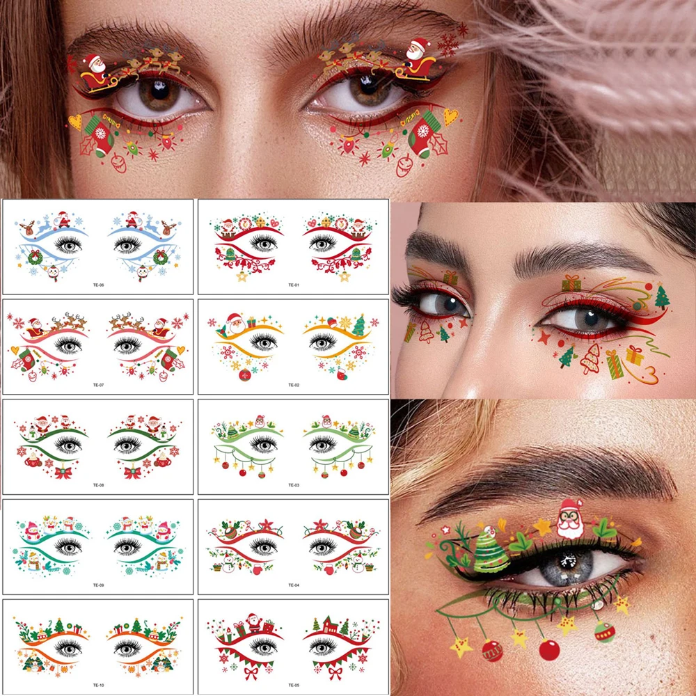 10pcs Eyebrow Tattoo Stickers for Christmas Face Makeup Santa Claus Gifts Socks Snowflake Temporary Tattoo Women Christmas Gifts