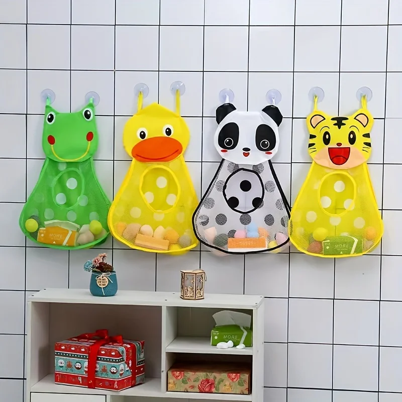 Baby Bath Toy Organizer Bag Cartoon Pattern Bathroom Toy Holder Hanging Bag With Suction Cups Quick Dry Toys Organizer For Home