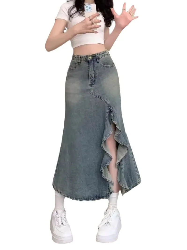 

Джинсовая юбка в стиле ретро с нерегулярными волнистыми разрезами, юбка-миди трапециевидной формы с высокой талией, джинсовая юбка Street Sle, без