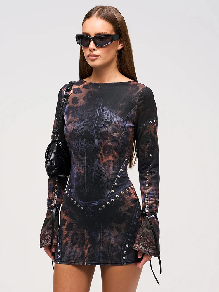 

klalien Autumn Release Junior Above Knee Mini High Street Dress M24D62161 Girl Printing Slim Metal Decoration Fashion Robe