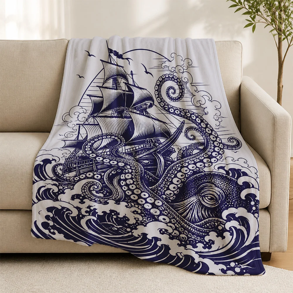 Decorative Nautical Octopus Throw Blanket for Sofa Living Room Couch Art Coastal Pirate Ship Ocean Sea Decor Throw