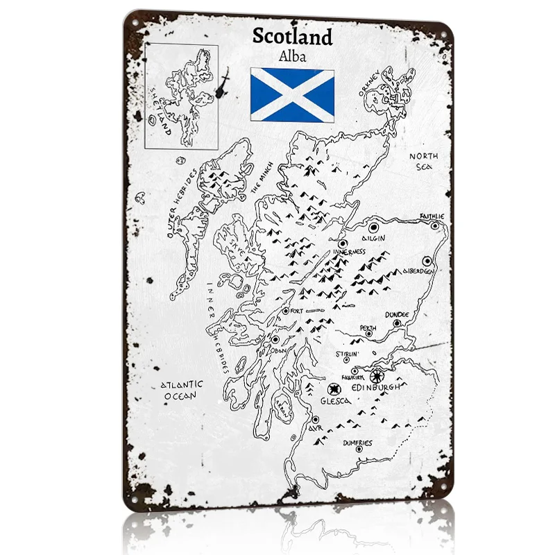 Handdrawn Scotland Map Metal Poster Tin Sign Wall Art Decoration Living Room Decor Customizable Metal Signs for Home Decoration