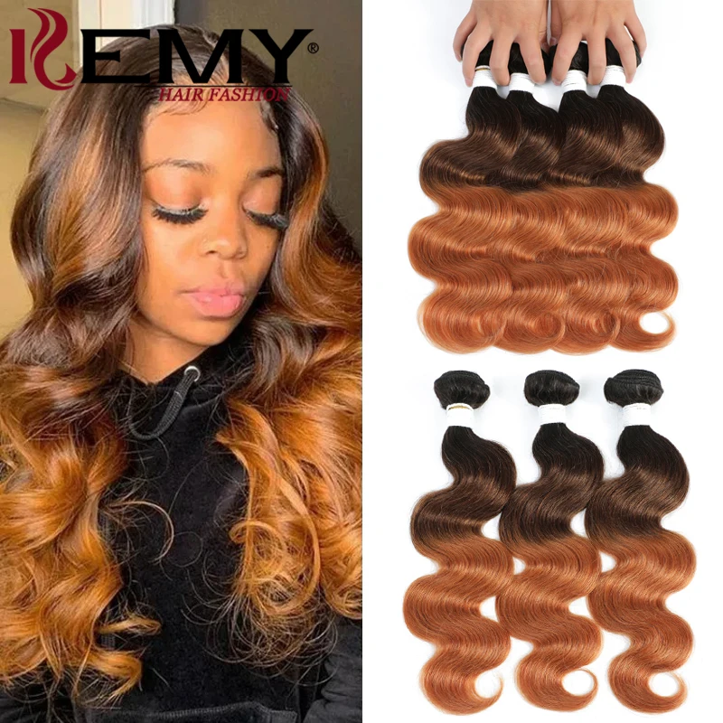 Tissage en Lot Brésilien Naturel Remy Body Wave Ombré 1B/4/30, Extension de Cheveux Humains à 3 Tons, 1/3/4 Pièces