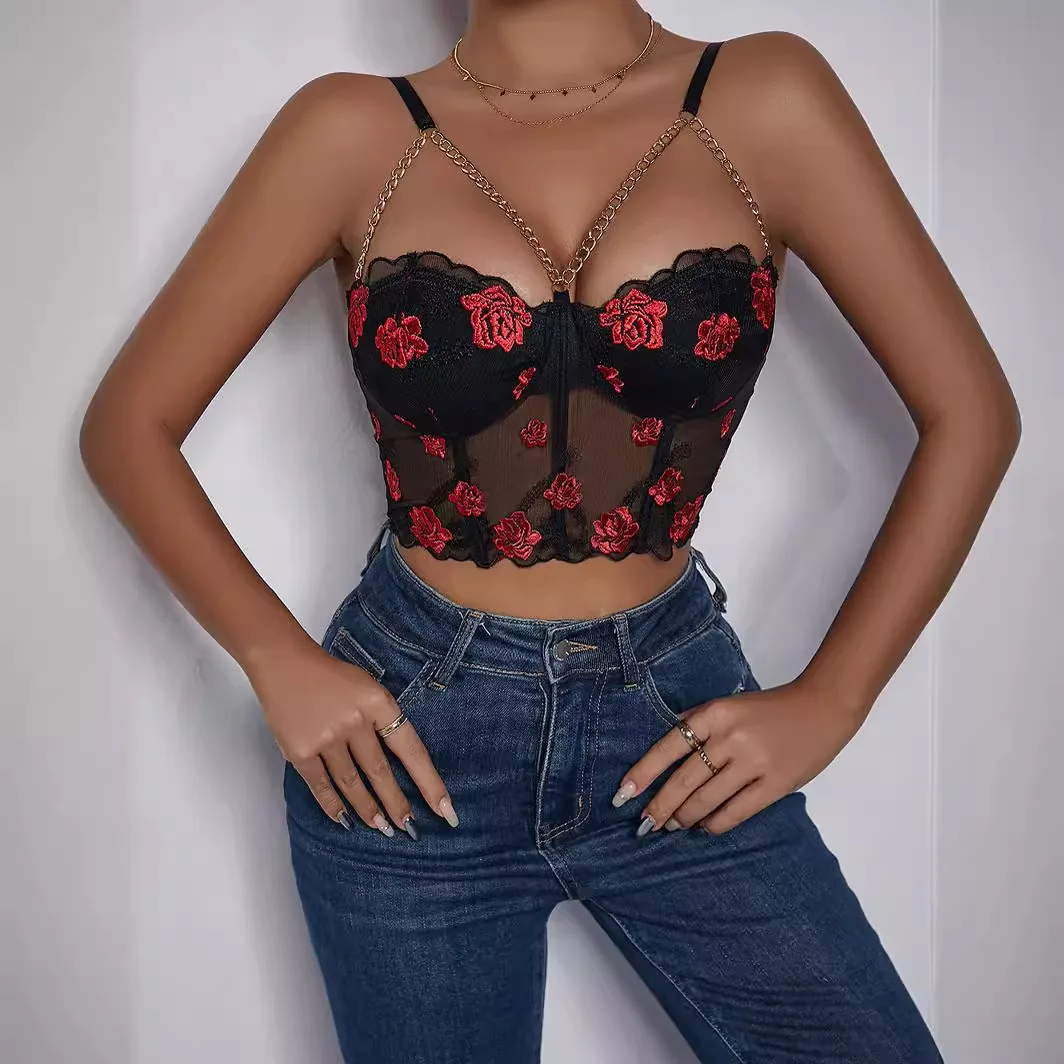 

Sexy Rose Embroidery Metal Chain Bustier Top with Fishbone Three-row Buckle Adjustable Tight-fitting Corset Short Top