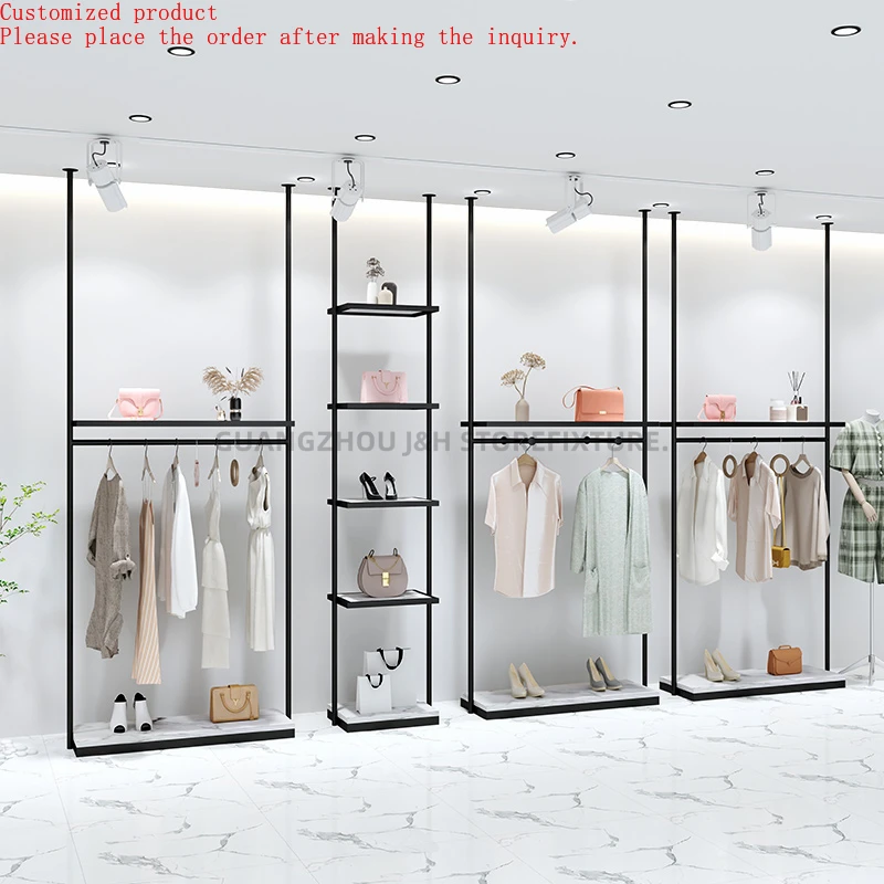 

Wall Mounted Stainless Steel Display Racks for Clothing Store Boutique Clothing Shelves Wooden Display Supermarket Racks Shelves