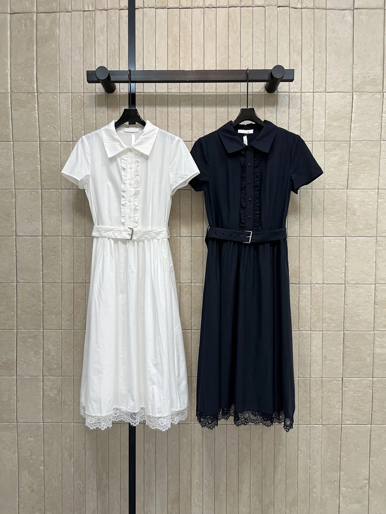 Spring Summer Fashion White Simplicity Cotton Elegant Shirt Midi Dress Women's Turn-down Collar Frill Trim Button Trim Hem Dress