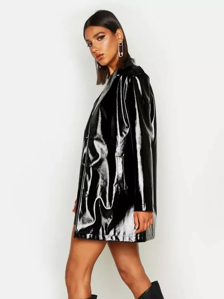 Women Faux Leather Turn-down Collar Blazer Suit Coats Office Lady Fashion PU Jacket Trench Coat New Casual Entertainment Custom