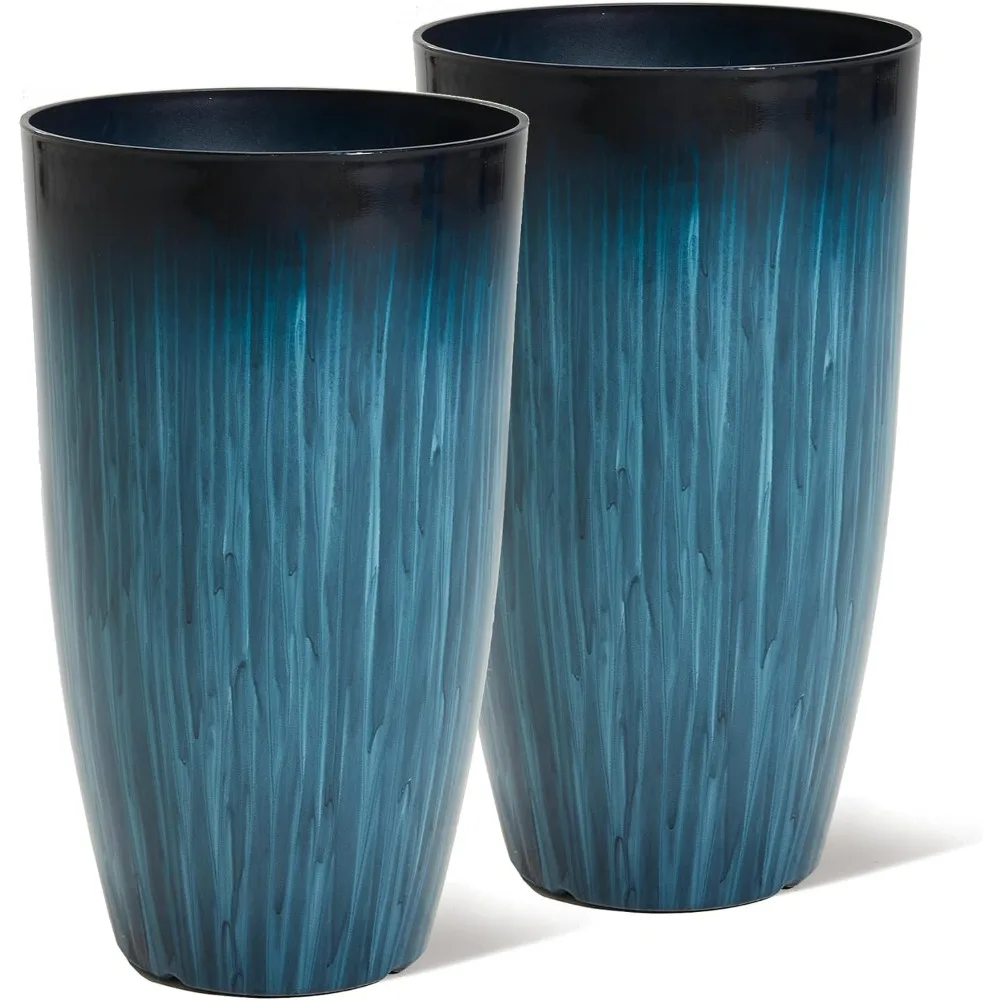 

23.5" H. Large Plastic Planters - Set of 2 Gradient Blue Glossy Smooth Finish - Tall Plant Pots for Indoor & Outdoor Decorative