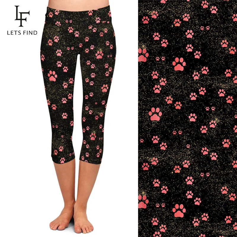 LETSFIND Summer High Waist  Women Capri Leggings 3D Pink Dog Paw Design Fitness Soft Mid-Calf 3/4 Stretch Leggings