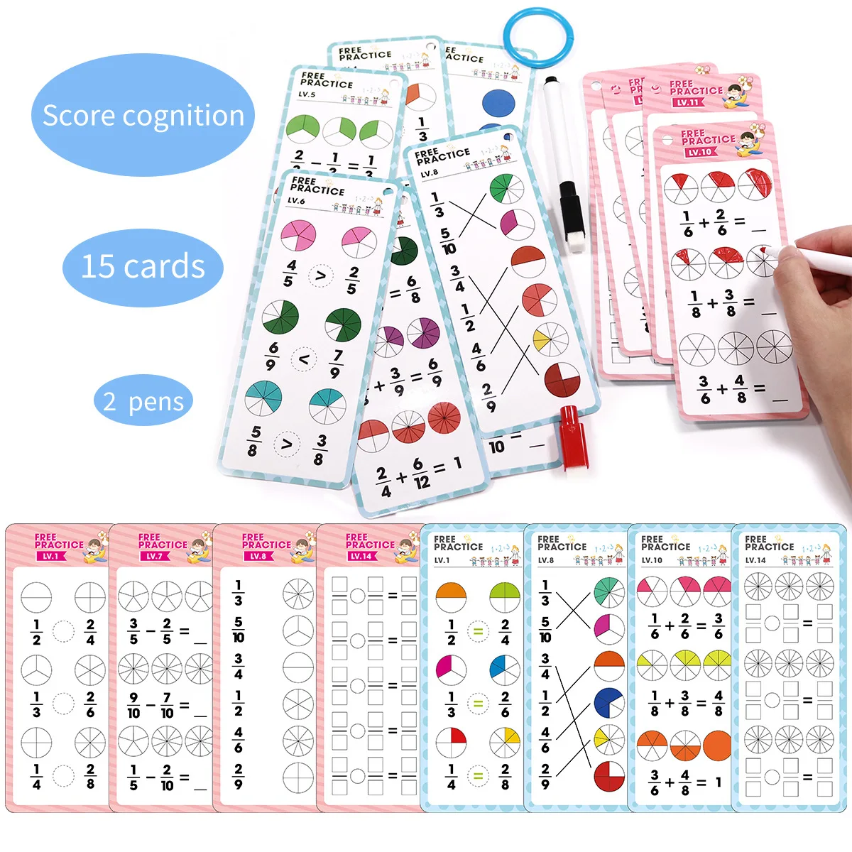 15 sheets erasable fraction math number cards reusable math learning cards