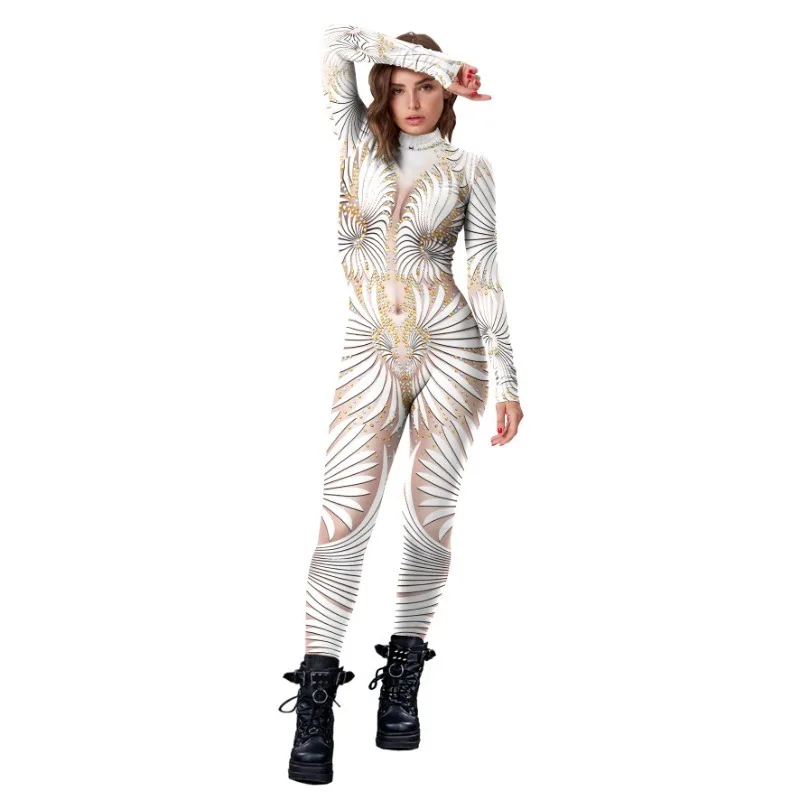 Cosplay Women Sequin Printing Series Bodysuit Halloween Holiday Carnival Party Coverall Stretchy Jumpsuit Costume Suits