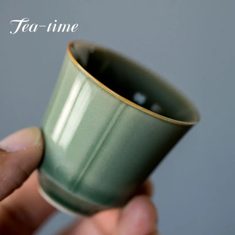 2pc/Set 40ml Yue Kiln Celadon Tea Cup Handmade Retro Vertical Pattern Tea Bowl Small Wine Cup Chinese Kung Fu Tea Master Cup Set