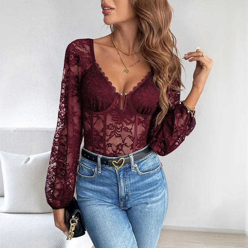 المرأة الجديدة الخامس الرقبة الدانتيل المرقعة ضيق ارتداءها الراقية الشكل الاغراء النمط الأوروبي الأمريكي مثير سليم صالح تنوعا