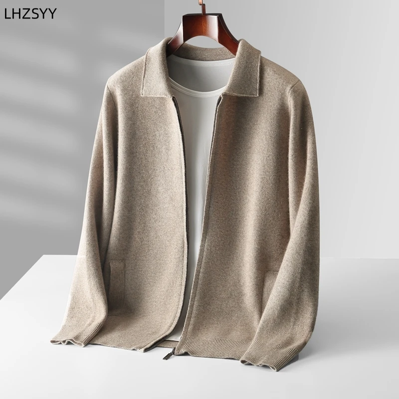 LHZSYY Cashmere Jacket Men's Knit Zipper Cardigan Winter New POLO Neck Sweater Youth Casual Thick Coats Loose Lapel Wool Shirts