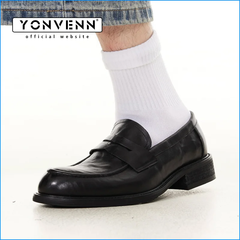 

Elegant slip in loafers for men classic commuting square toe genuine cowhide derby formal dress leather shoes
