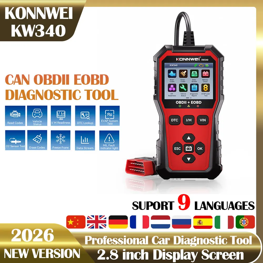 

2026 Новый диагностический инструмент KONNWEi Car CAN OBD2 EOBD Тест аккумулятора двигателя Код неисправности Чистые данные в реальном времени Инструмент контроля O2 KW340