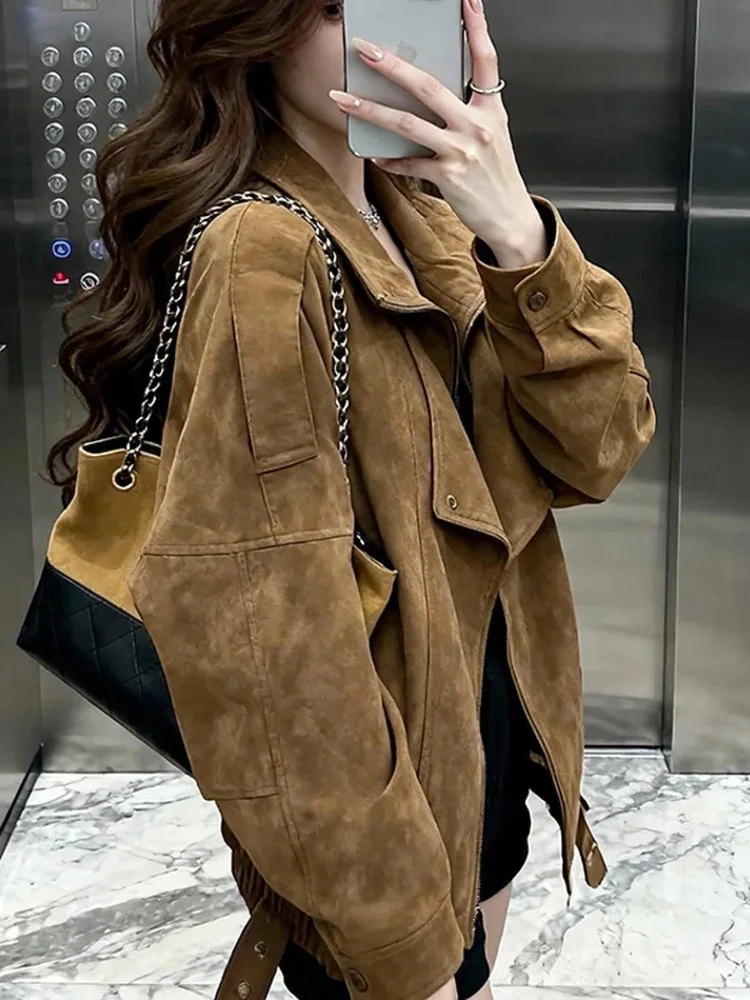 Women Faux Leather Coats Solid Jacket Turn Down Collar Long Sleeves Zipper Hem Belt Loose Fit Moto Streetwear 2026 Autumn Winter