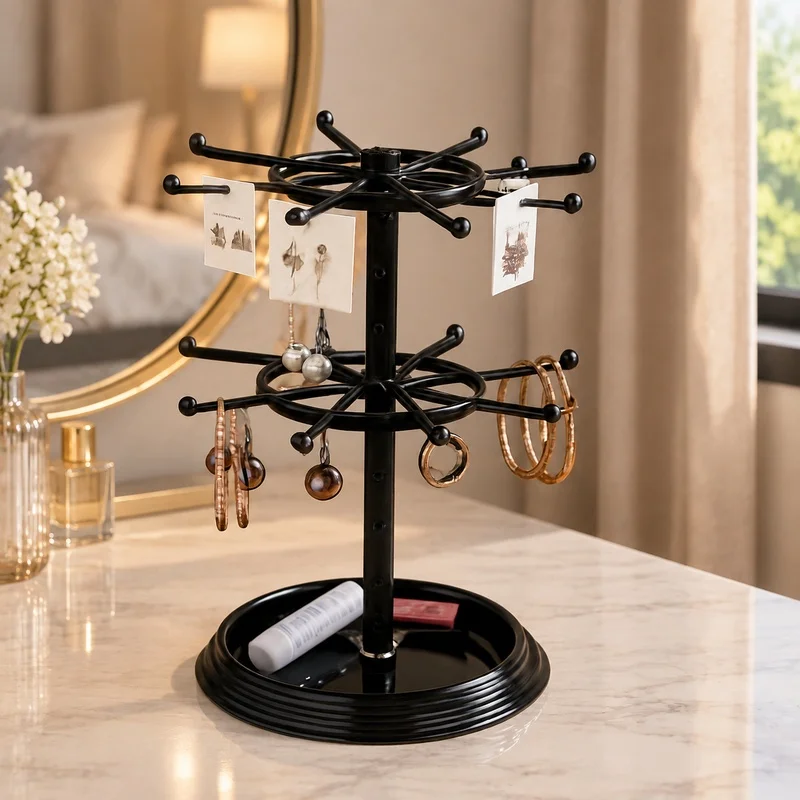 Rotating Jewelry Display Rack with Multiple Levels for Earrings, Bracelets, and Necklaces