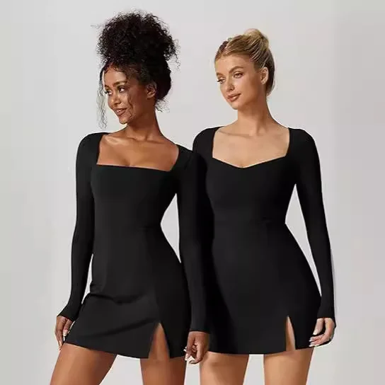 長袖スリムフィットワンピース スクエアカラー レディースファッション 春秋 クロスボーダー エレガント レディスタイル ミルクファイバー素材