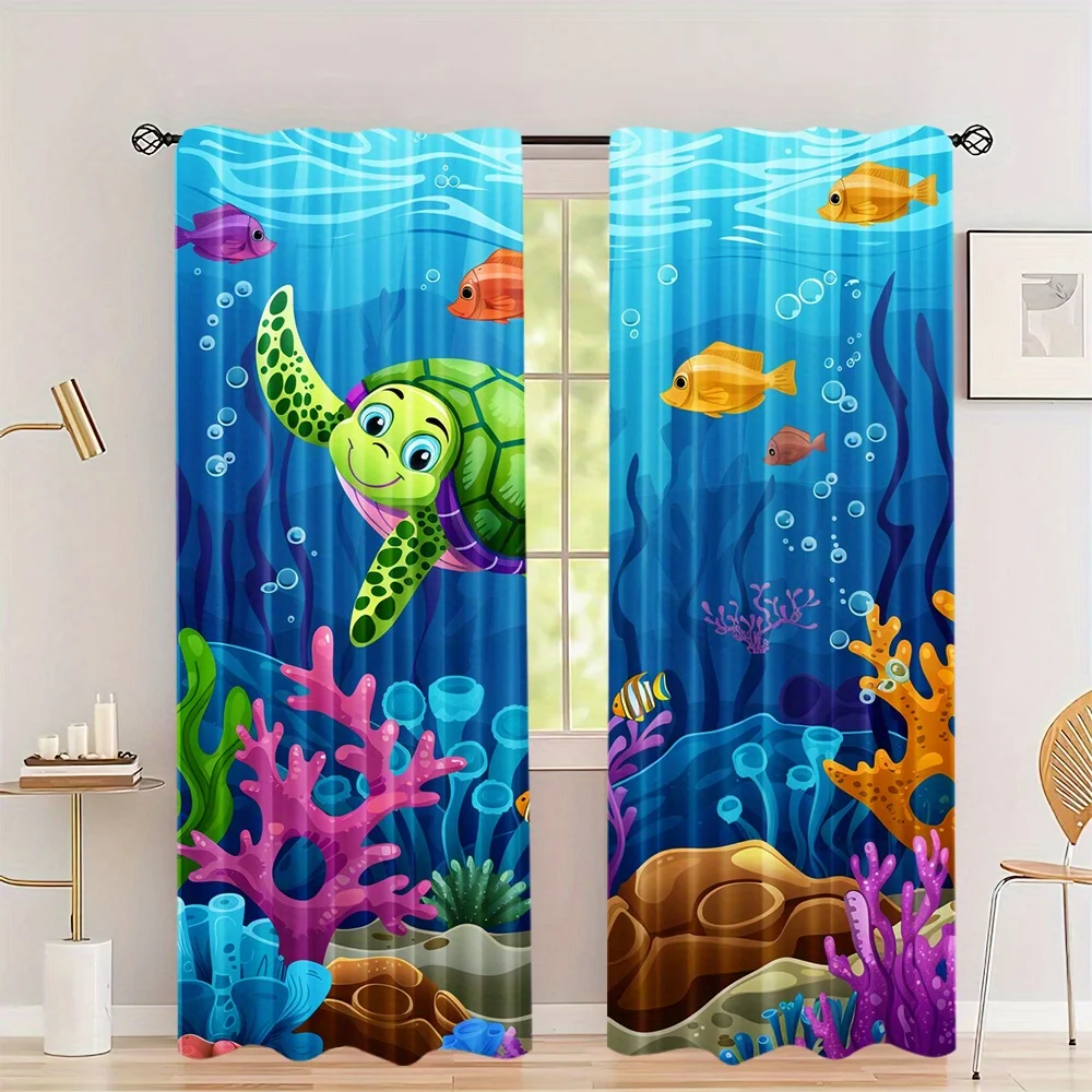 Tropical Ocean Sea Life Curtain Pair 2pcs Sea Turtle Coral Print Waterproof Window Drapes for Kids Room Decor