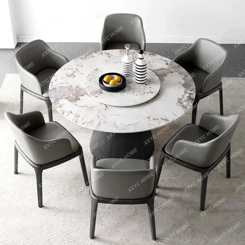 JRock slab 1.5 meters round dining table and chair combination with turntable modern simple solid wood small