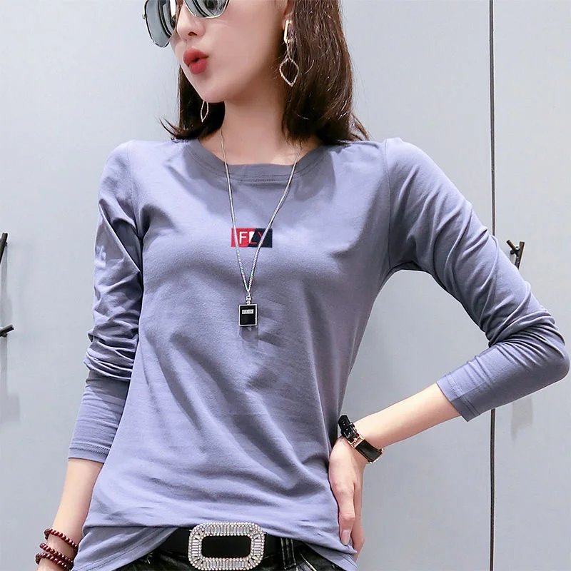 Fashion Letter Embroidery Casual Long Sleeve T-Shirt Female Clothing 2023 Autumn New All-match Tops Korean Solid Color Tee Shirt