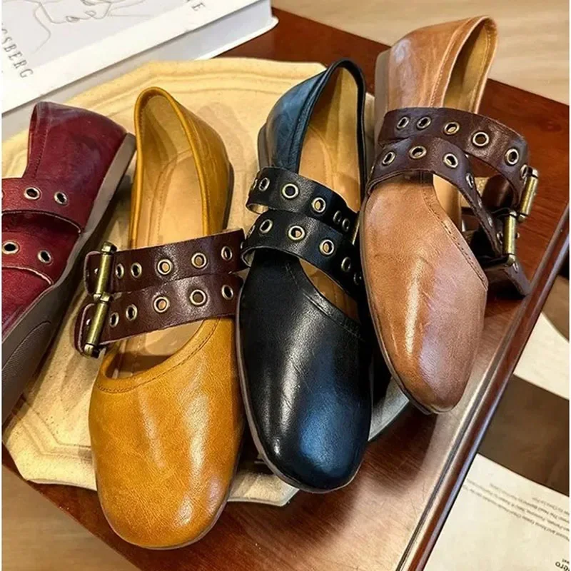 

Handmade Vintage British Style Shoes Round Toe Women Leather Mary Jane Flats Belt Buckle Soft Slip-On Ballerinas Chaussure Femme