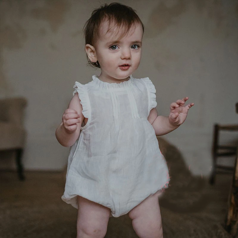 Vintage Linen Cotton Baby Girls Romper Summer Ruffles Lace Infant Bodysuit for Toddler Girls Clothing Children Overalls Outfits